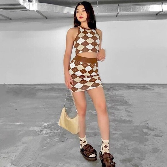 Womens Matching Set Outfit Tank Skirt Mini Size XS Brown Ivory Diamond Stretch - Picture 1 of 16